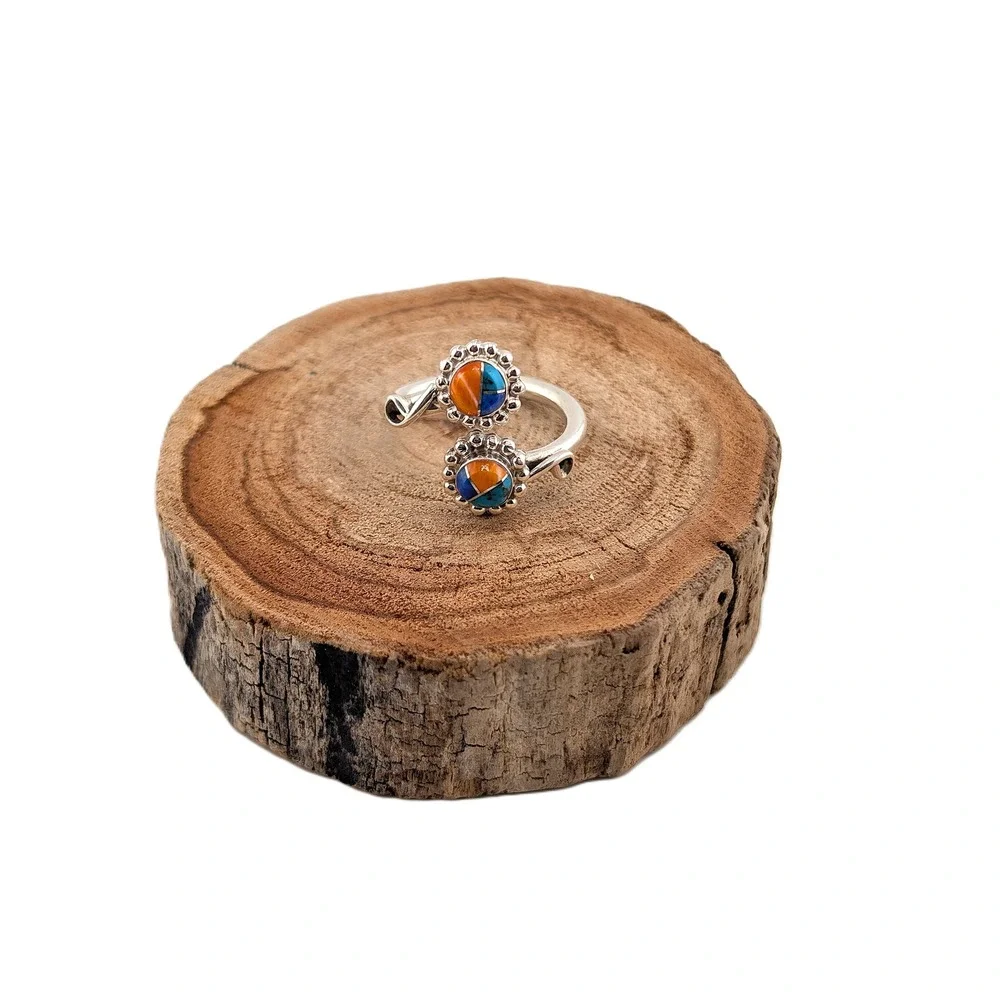 Navajo Inlay‎ Ring Bypass Design Turquoise Lapis Siny Oyster Sz 7.5